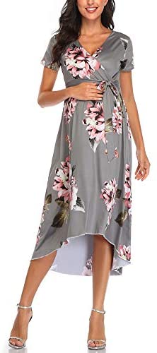 Vestido de maternidad floreado Cintura Lazo Cuello V Cuello Irregular Dobladillo