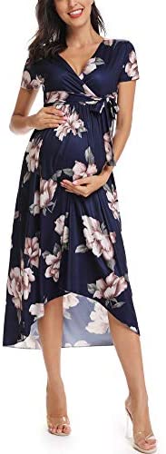 Vestido de maternidad floreado Cintura Lazo Cuello V Cuello Irregular Dobladillo