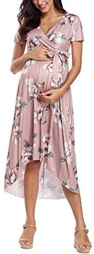 Vestido de maternidad floreado Cintura Lazo Cuello V Cuello Irregular Dobladillo