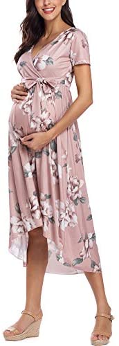 Vestido de maternidad floreado Cintura Lazo Cuello V Cuello Irregular Dobladillo
