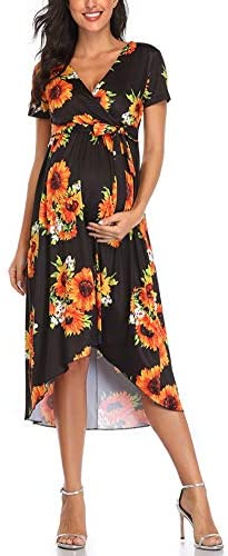 Vestido de maternidad floreado Cintura Lazo Cuello V Cuello Irregular Dobladillo