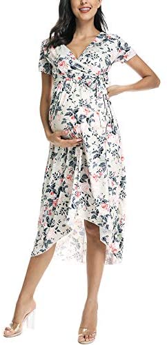 Vestido de maternidad floreado Cintura Lazo Cuello V Cuello Irregular Dobladillo