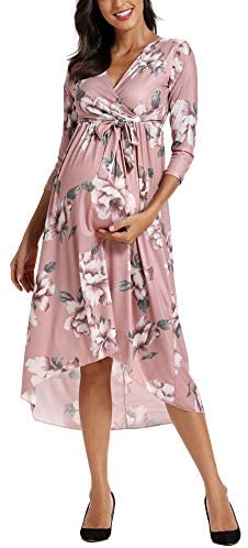Vestido de maternidad floreado Cintura Lazo Cuello V Cuello Irregular Dobladillo