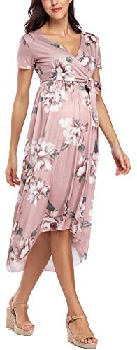 Vestido de maternidad floreado Cintura Lazo Cuello V Cuello Irregular Dobladillo