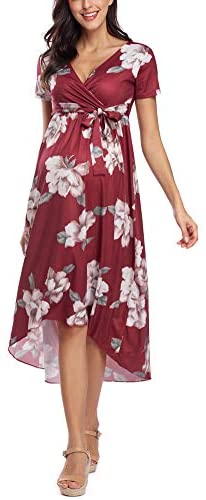 Vestido de maternidad floreado Cintura Lazo Cuello V Cuello Irregular Dobladillo